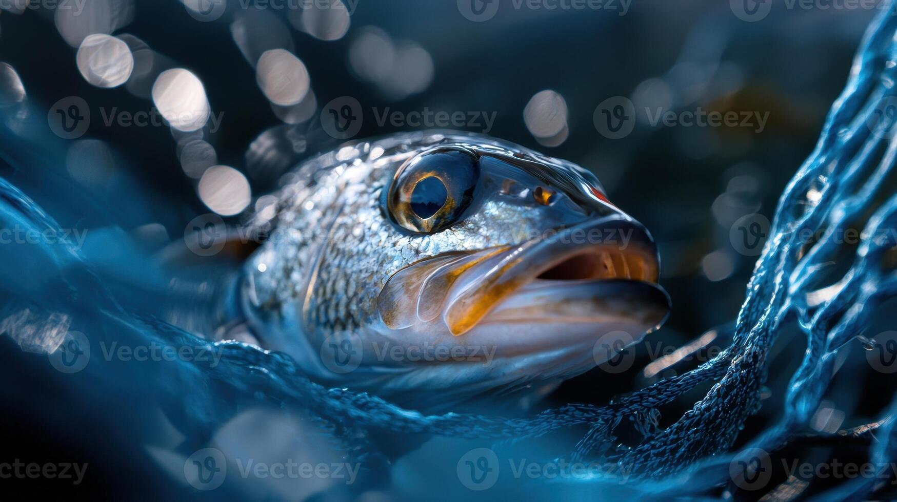 A fish is swimming in the water with its mouth open photo