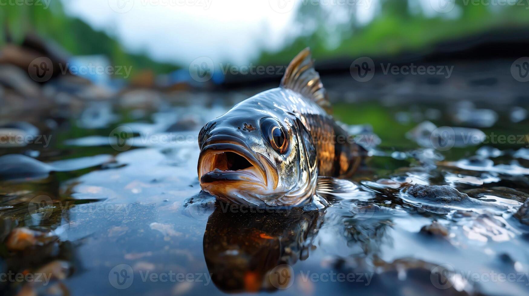 A fish is swimming in a river with its mouth open photo