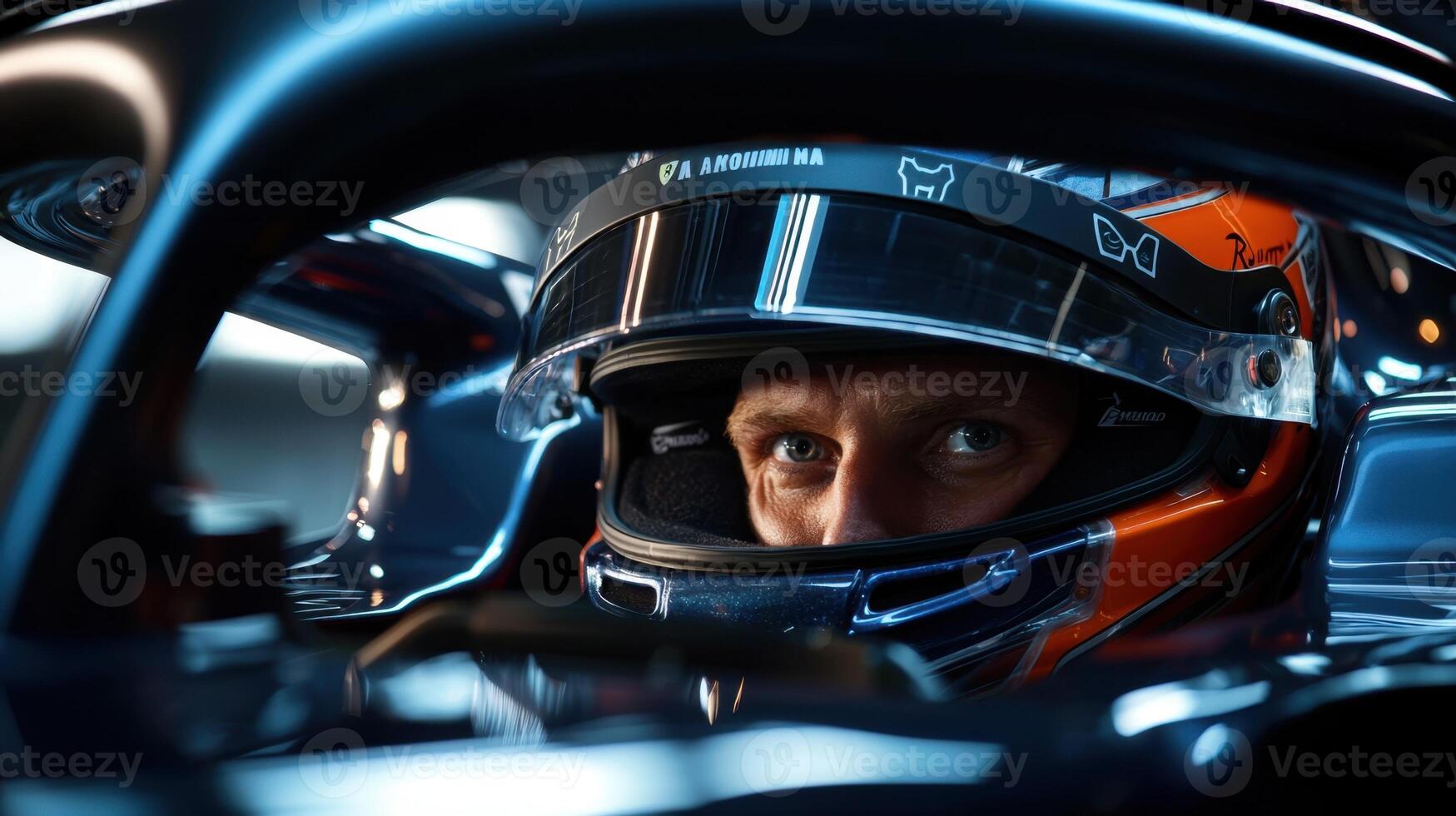 A man in a racing helmet is looking out of the cockpit of a race car photo