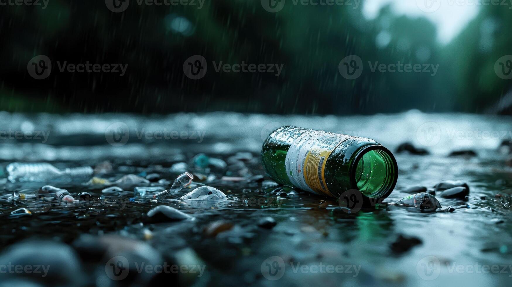 A green bottle is floating in a river photo