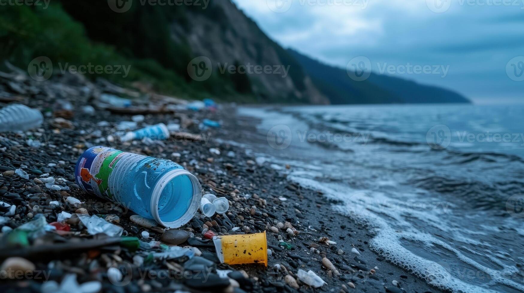 A beach is littered with trash, including a plastic bottle and a plastic cup photo