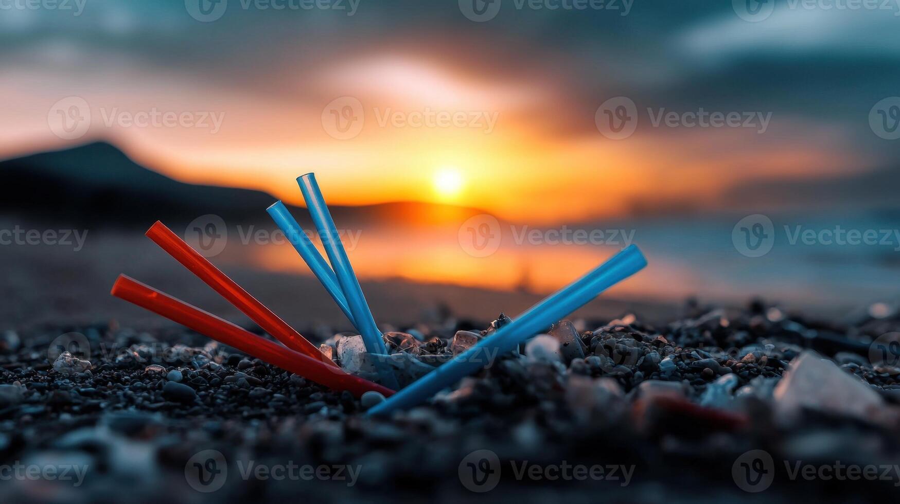 A pile of plastic straws on a beach at sunset photo