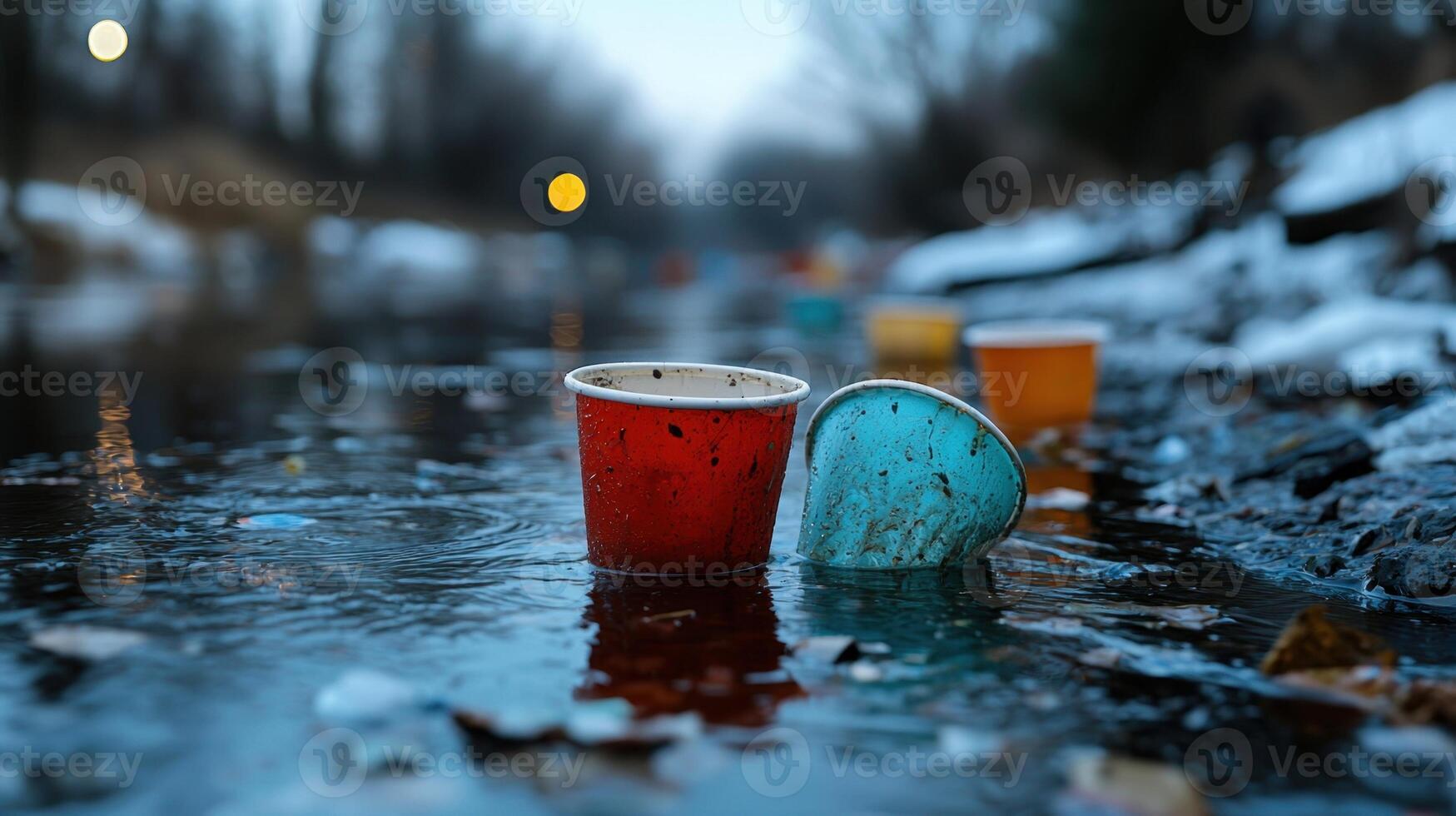 A couple of cups are floating in a body of water photo