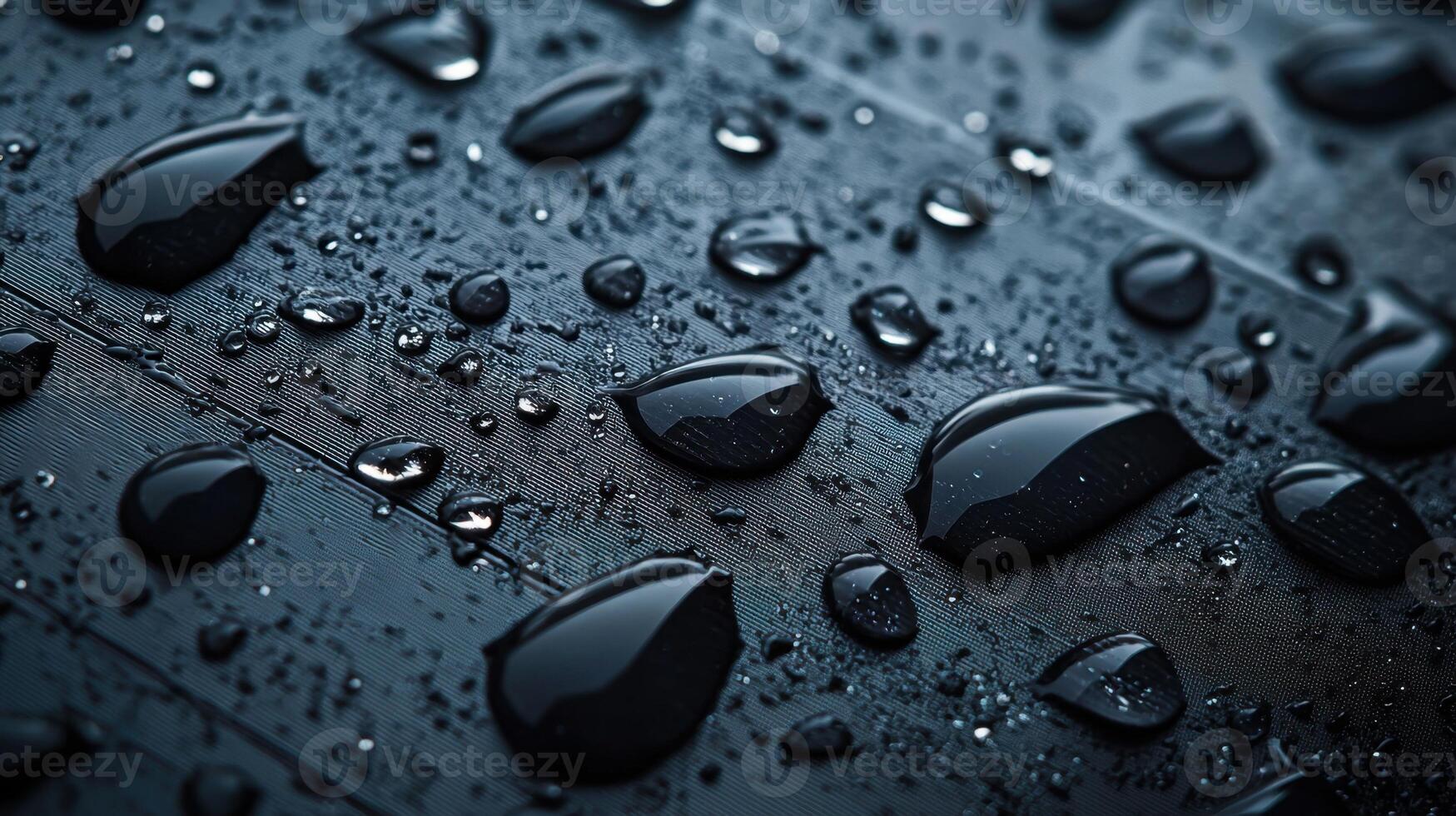 The image is of a black surface with many drops of water on it photo