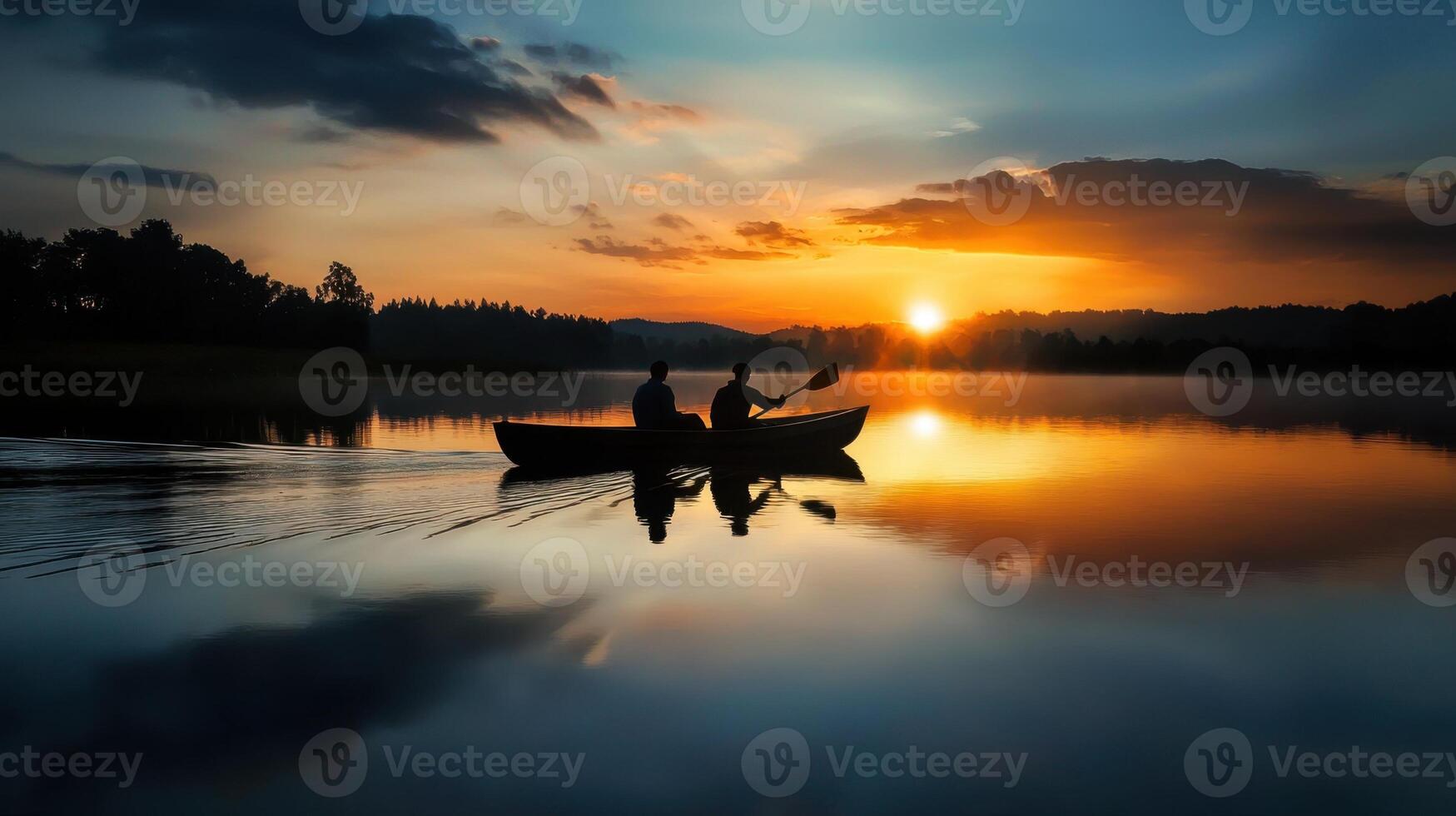 A man and a woman are paddling a canoe on a lake at sunset photo