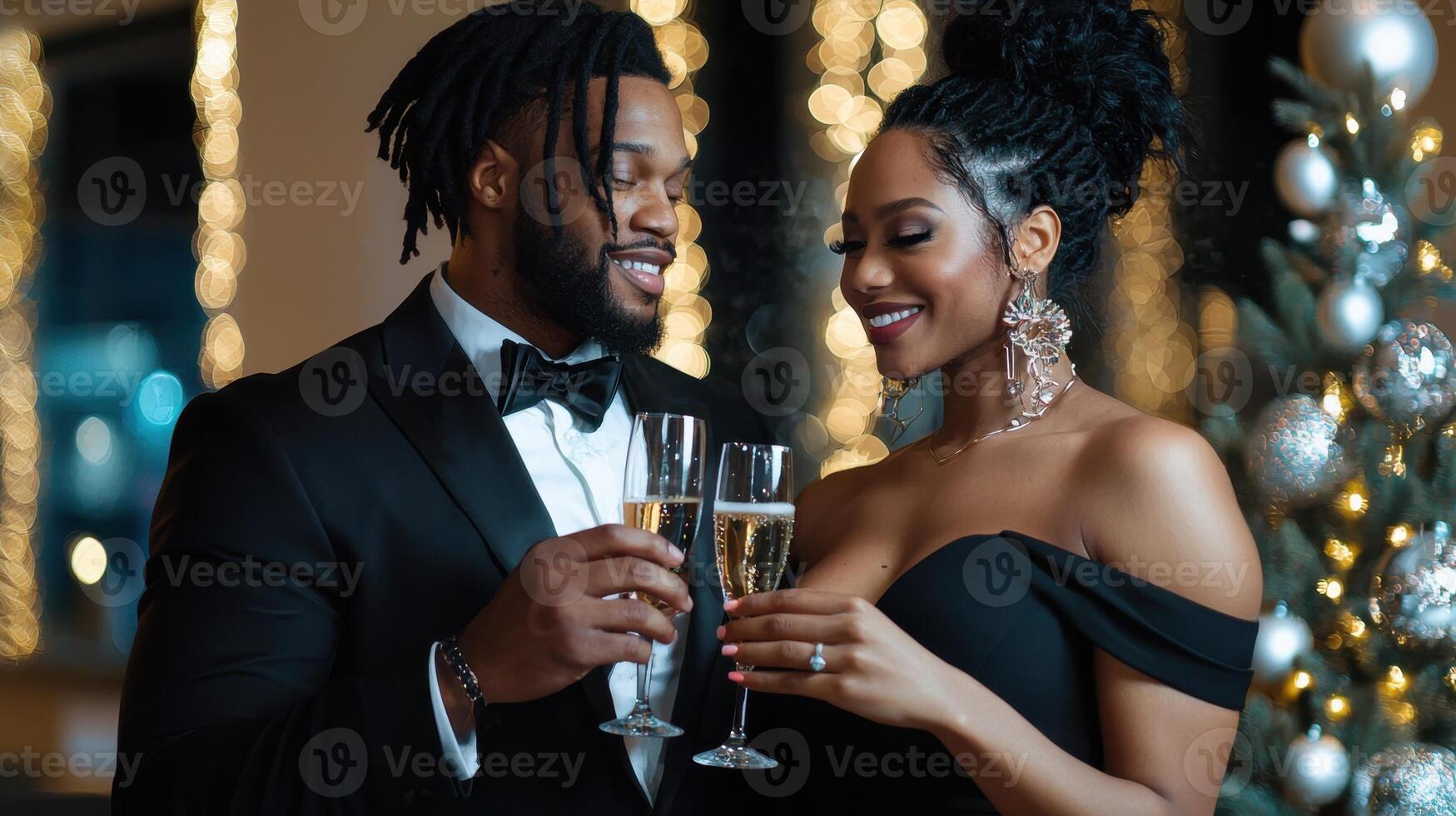 A man and a woman are holding glasses of champagne and smiling at the camera photo