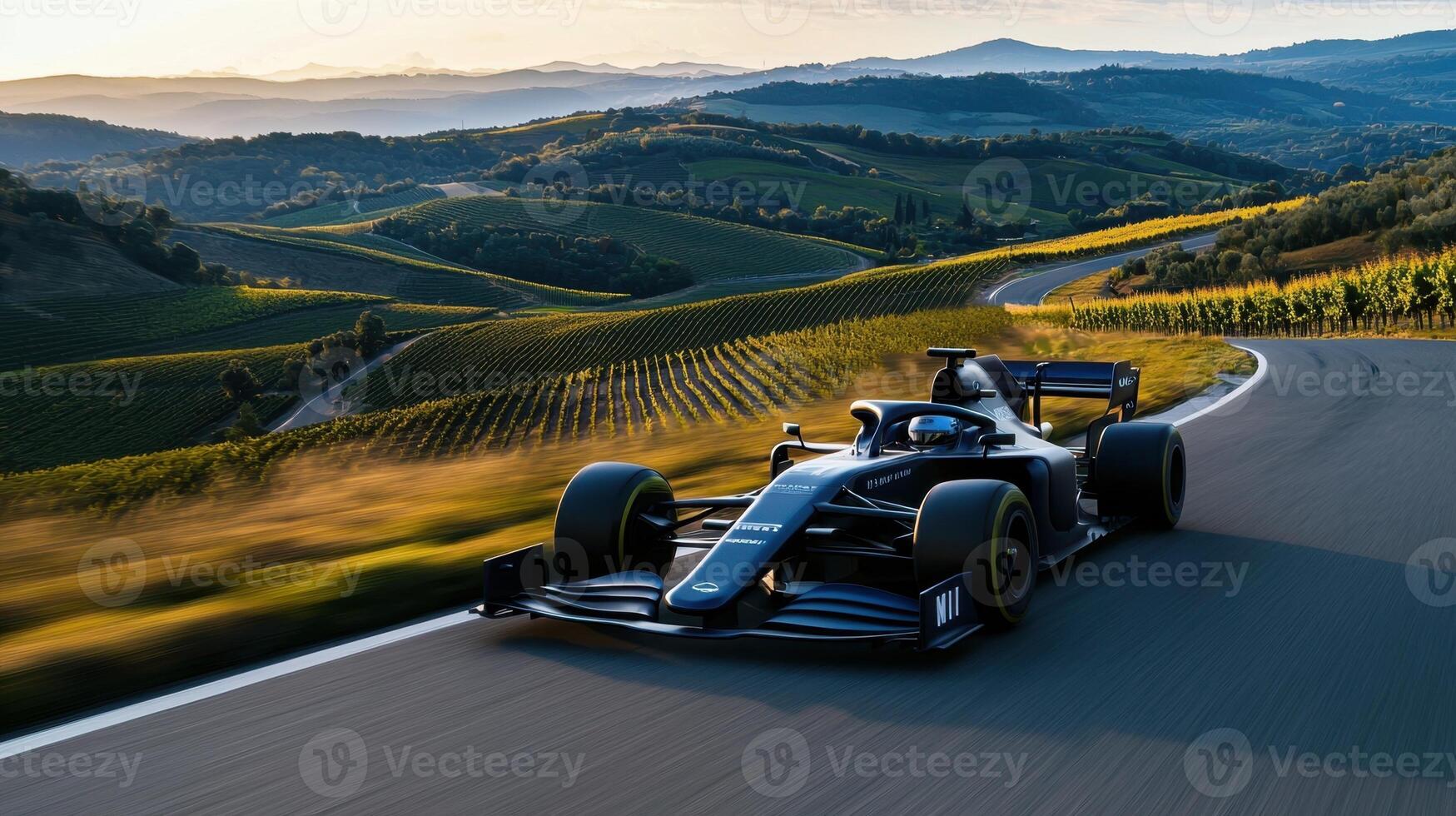 A black race car is driving down a winding road through a field of grapes photo