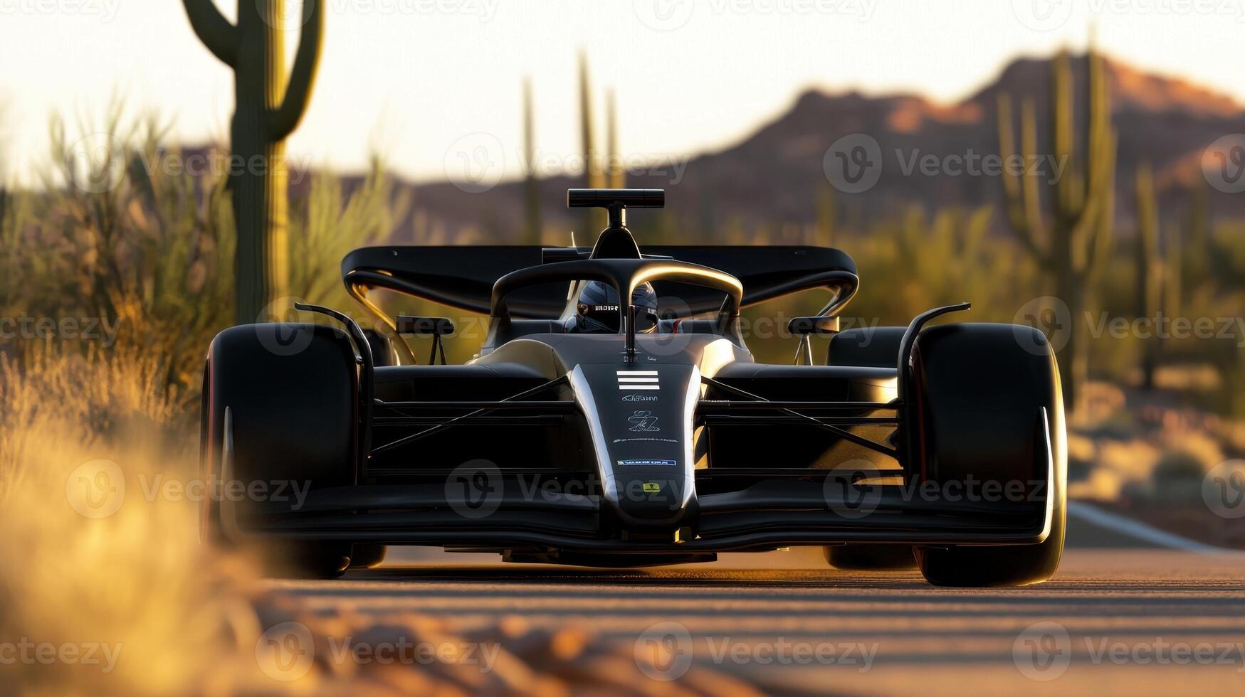A black race car is driving down a desert road photo