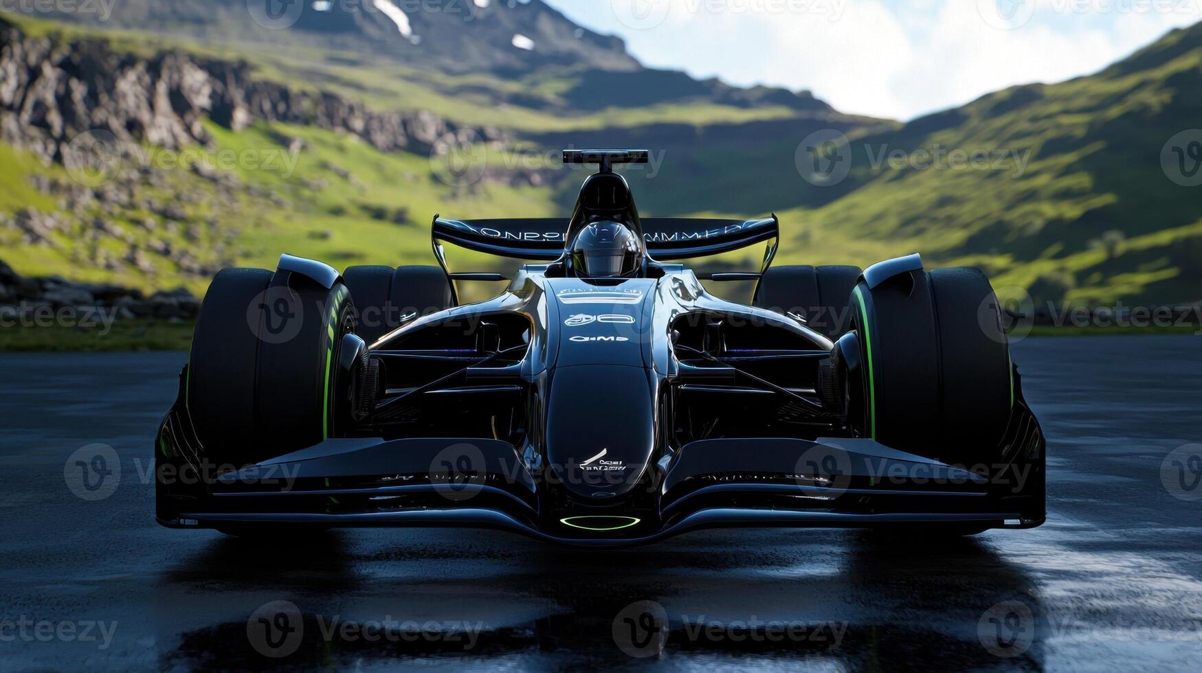A black race car is shown in a racing scene photo