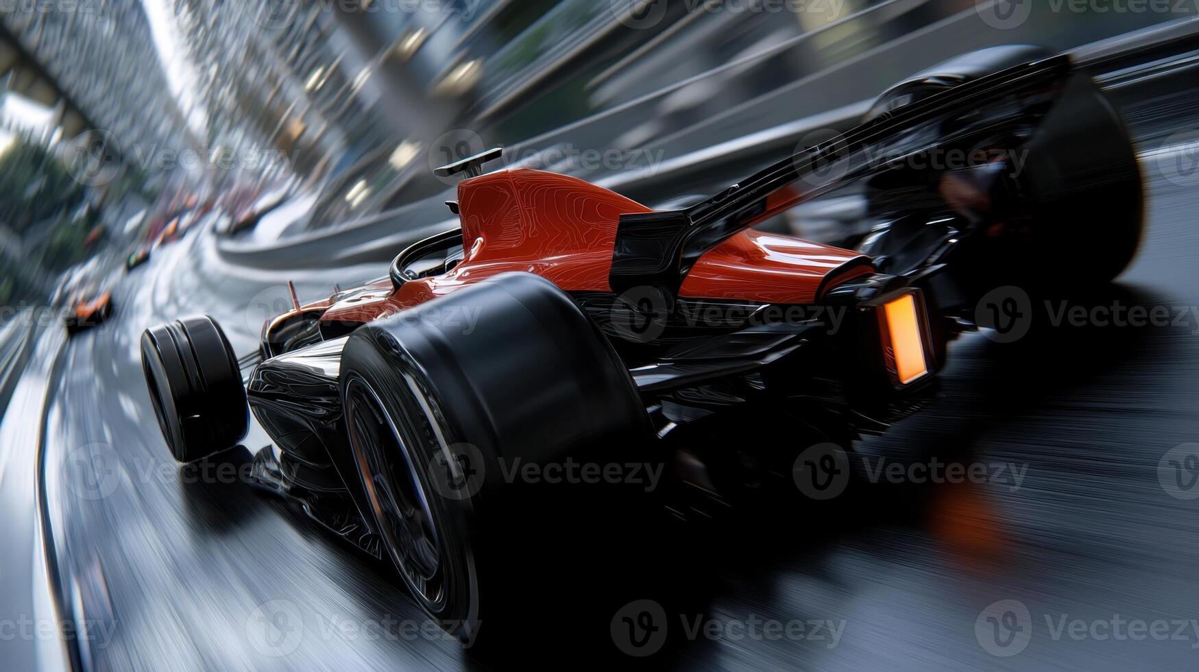 A racing car is driving down a city street photo