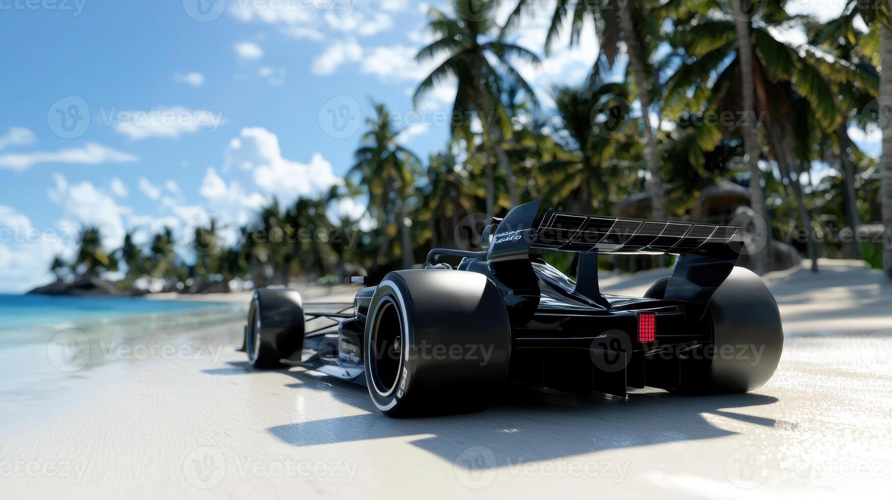A racing car on the beach with palm trees photo