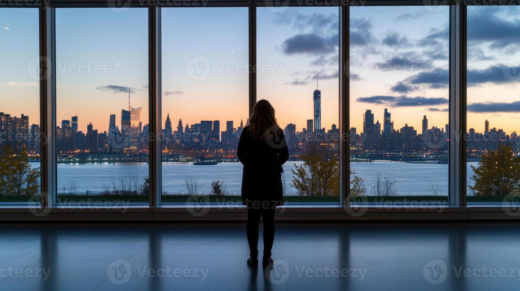 A woman stands in front of a window looking out at the city photo