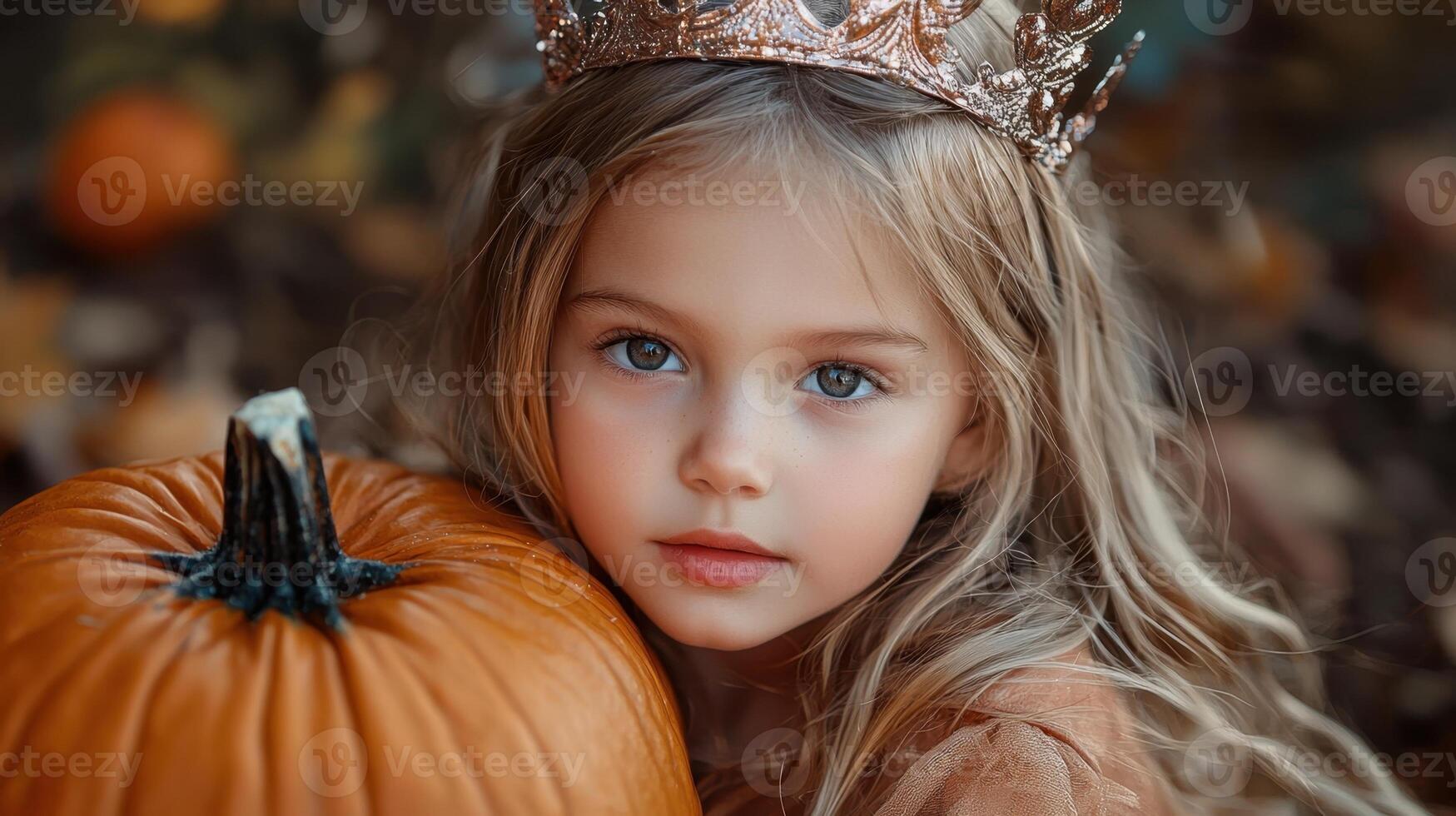 A young girl wearing a crown and holding a pumpkin photo