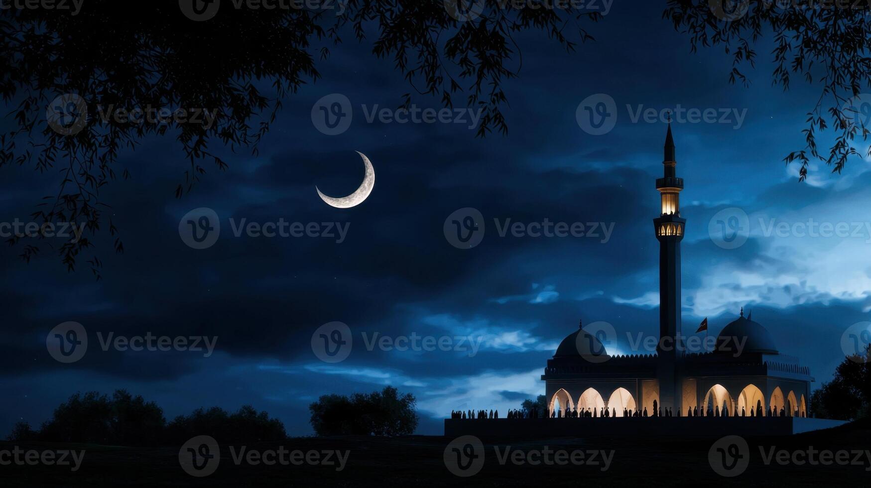 A large white building with a large dome and a large crescent moon in the sky photo