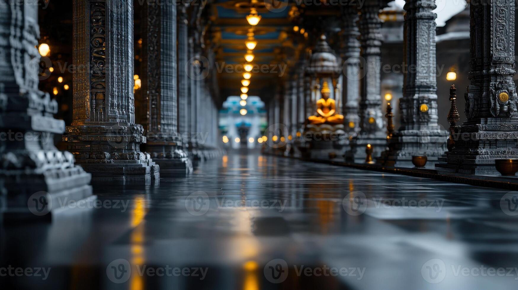A long hallway with pillars and a statue of Buddha in the middle photo