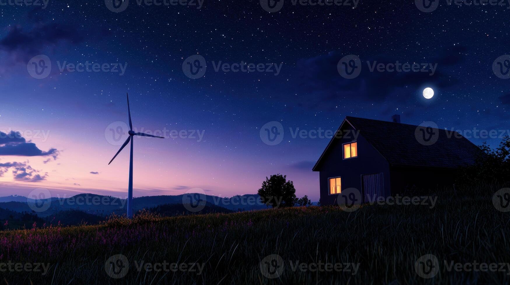 A windmill is on a hill next to a house photo