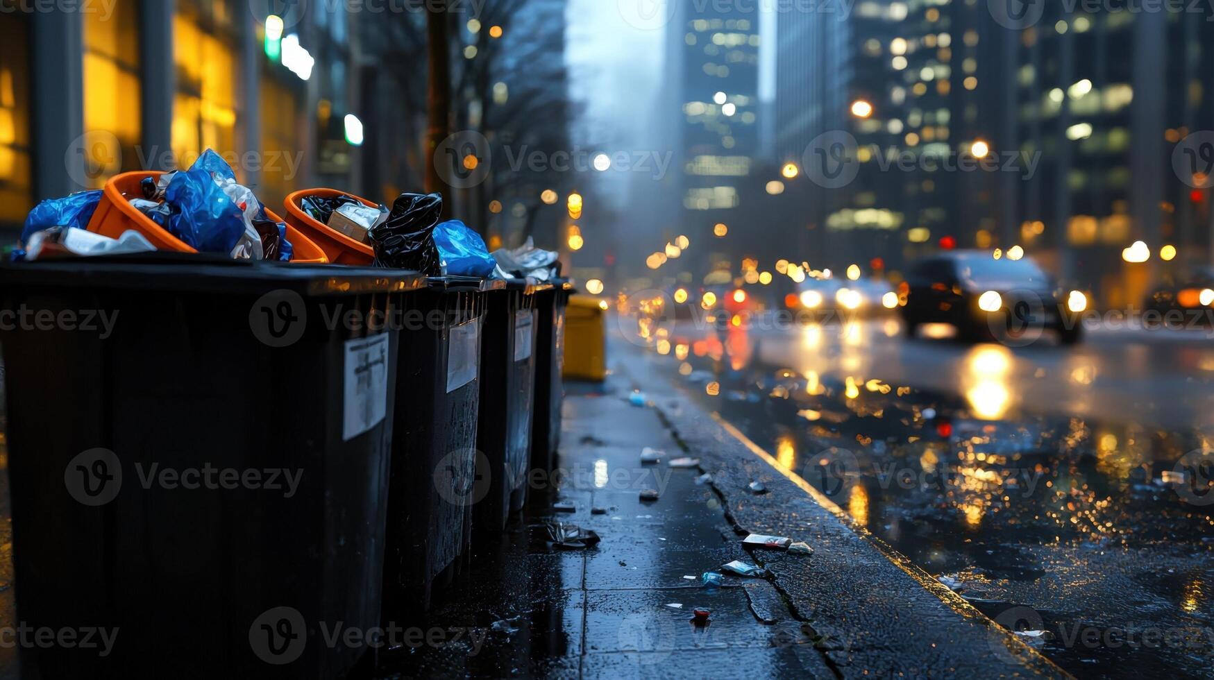 A city street with trash cans on the curb photo