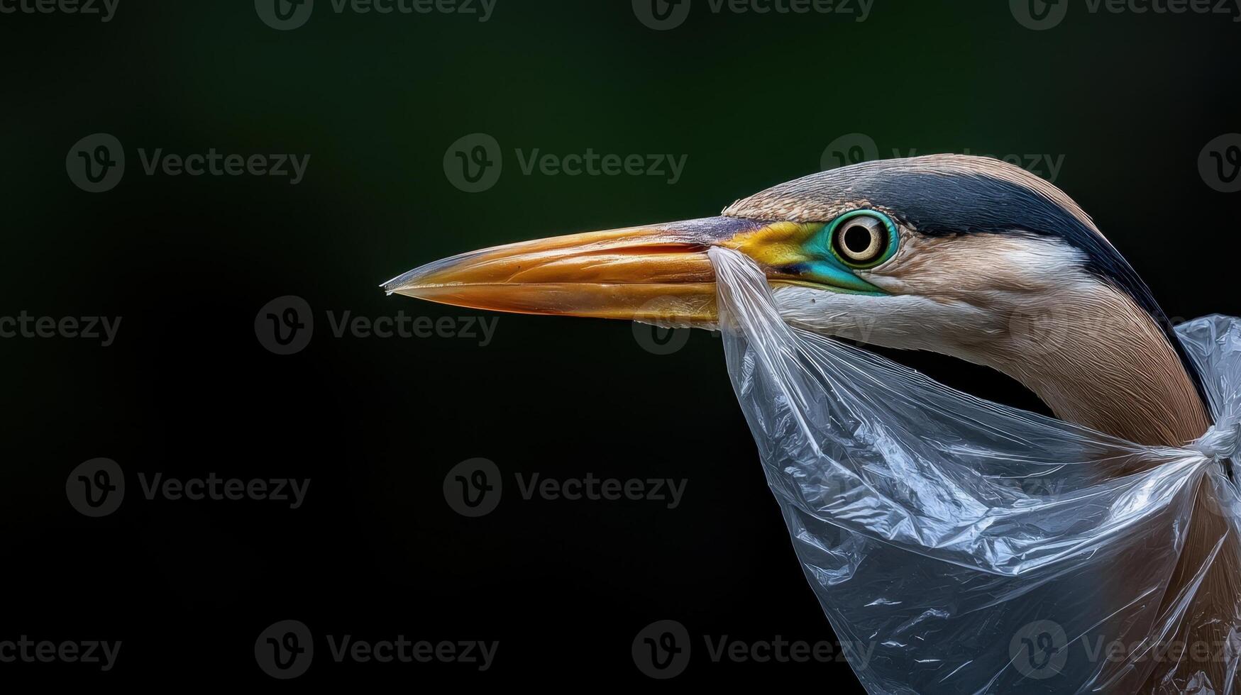 A bird with a plastic bag in its mouth photo