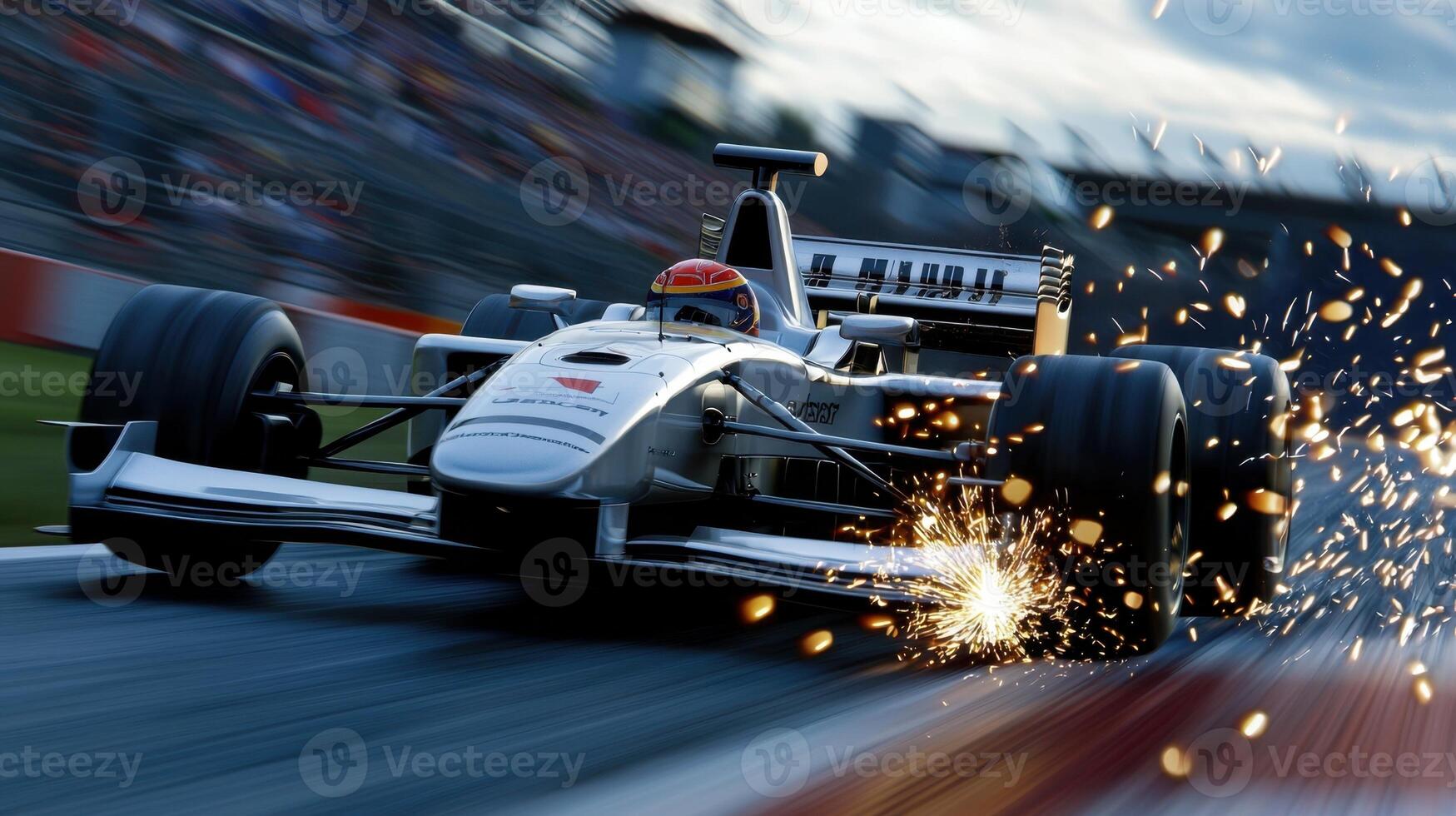 A race car is speeding down a track with sparks flying out of its tires photo