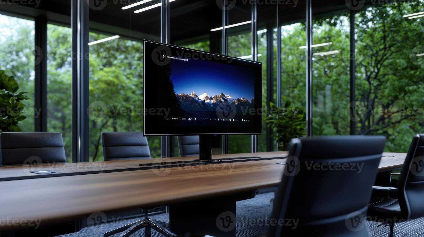 A large monitor is on a table in a room with a view of trees photo
