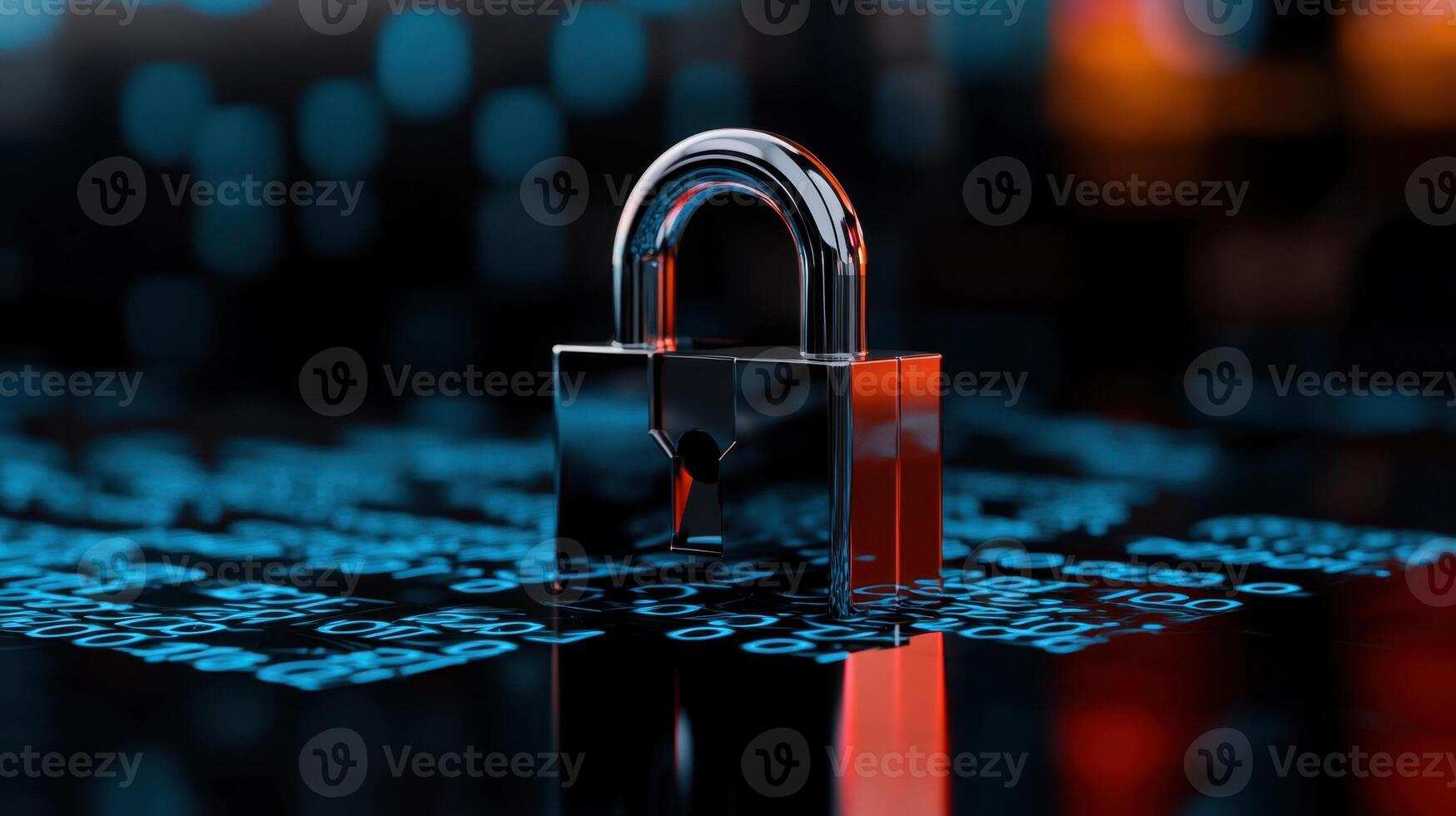 A silver lock with a red handle sits on a black background photo