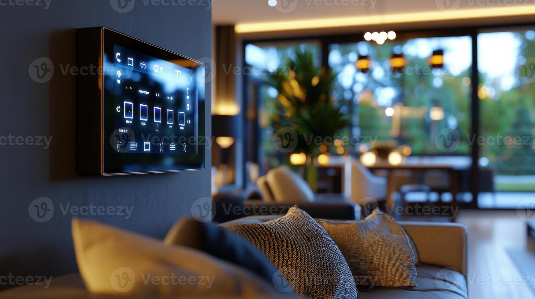 A living room with a large flat screen TV mounted on the wall photo