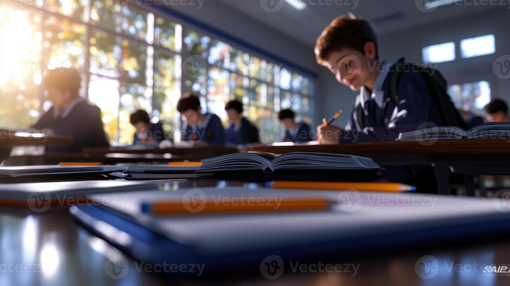 A boy is sitting at a desk with a pencil and a book photo