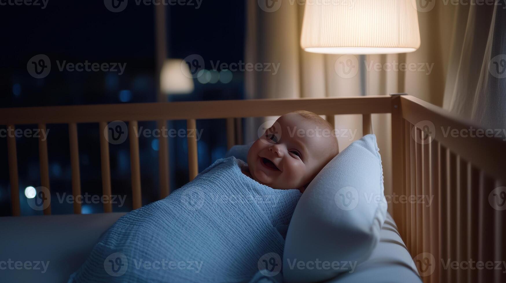 A baby is smiling and laying in a crib with a white pillow photo