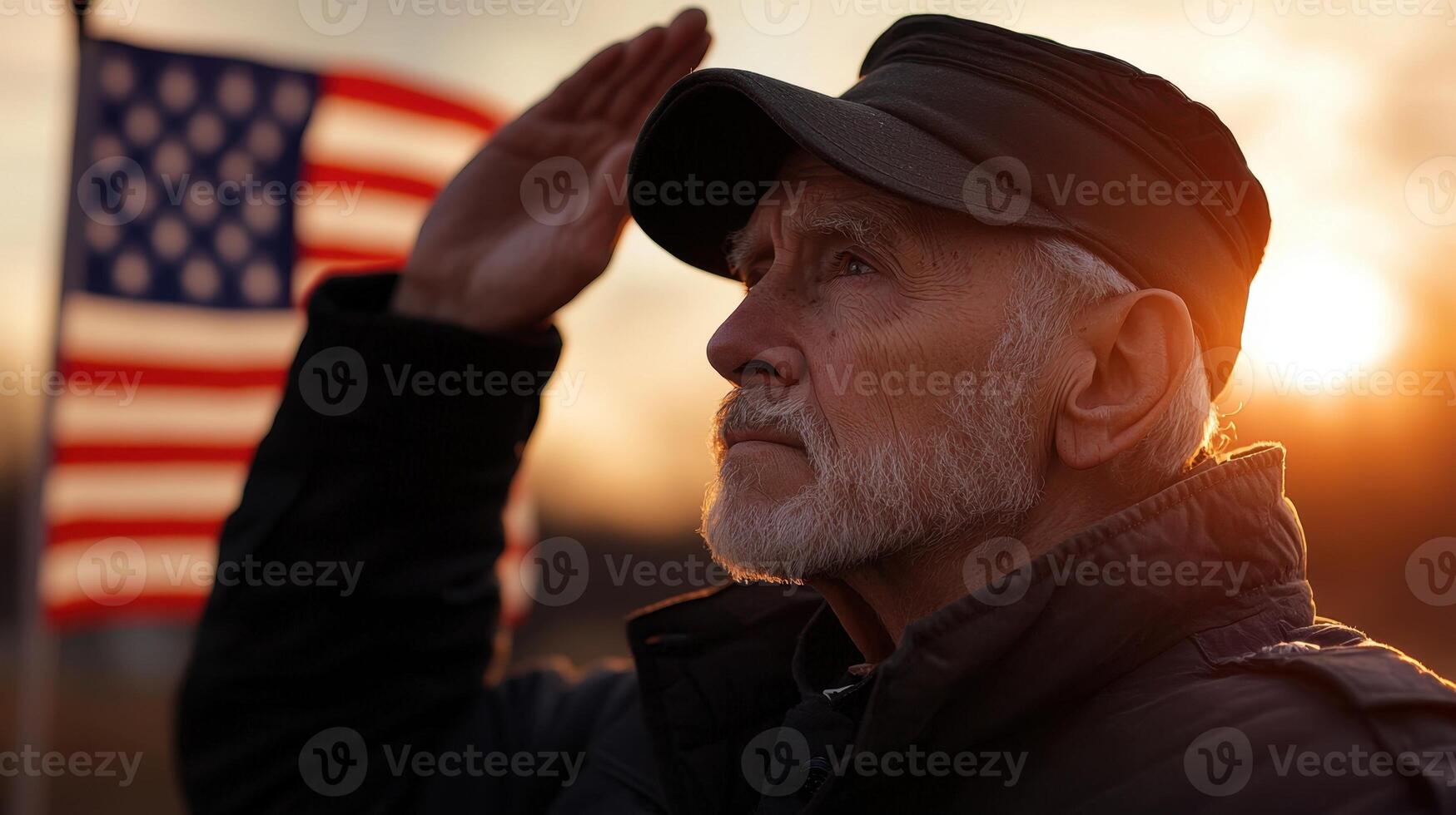 A man with a hat and a flag behind him photo