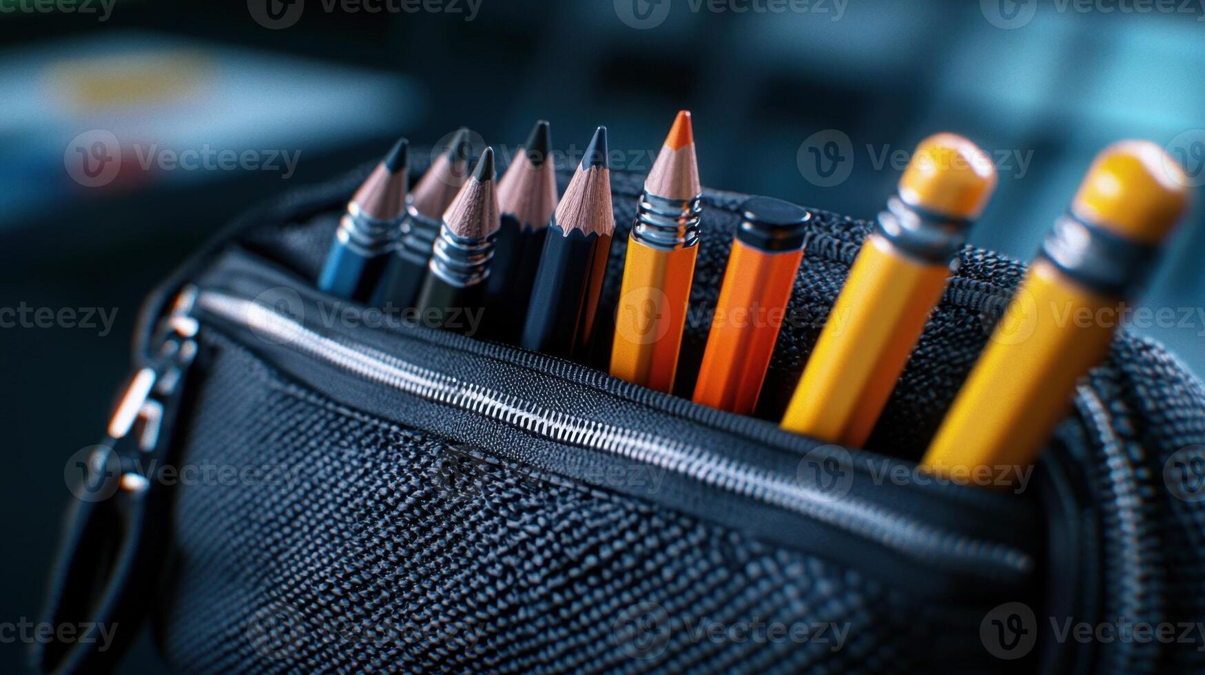 The pencils are arranged in a neat row, with some being sharpened and others not photo