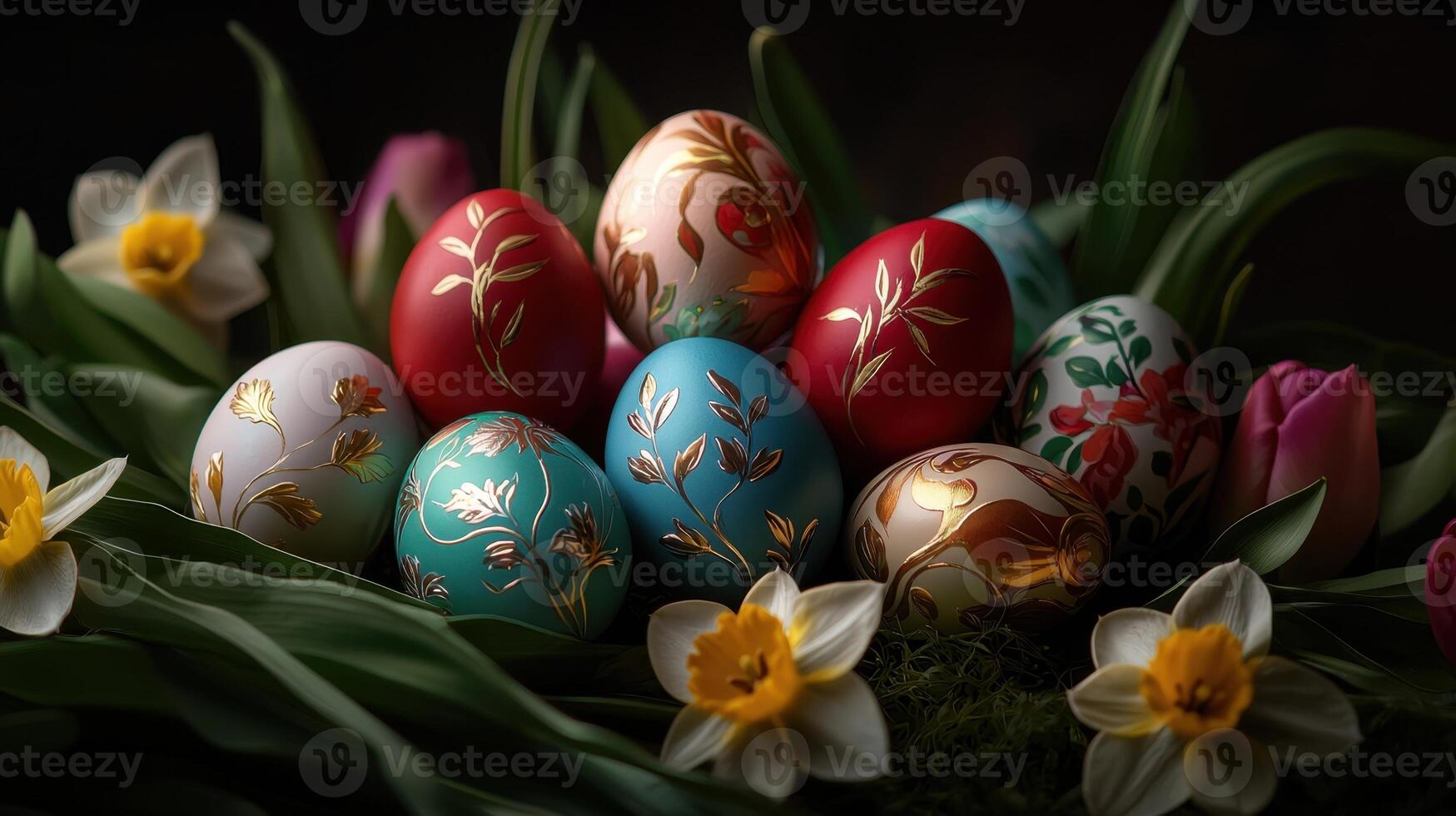 A bunch of Easter eggs are arranged in a basket with flowers photo