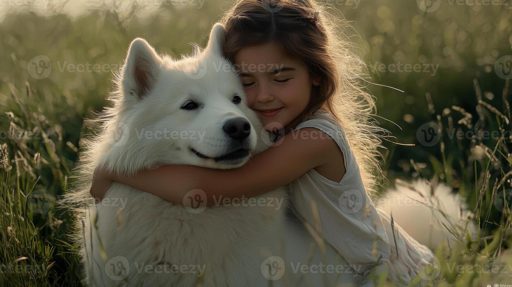 A young girl is hugging a white dog photo