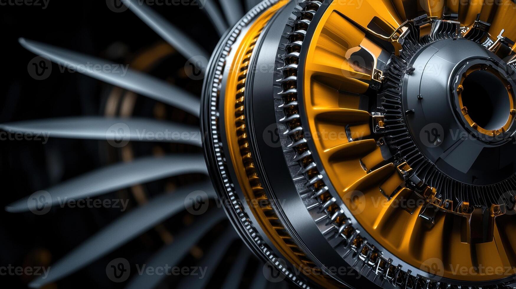 A close up of a jet engine with a yellow and black color scheme photo
