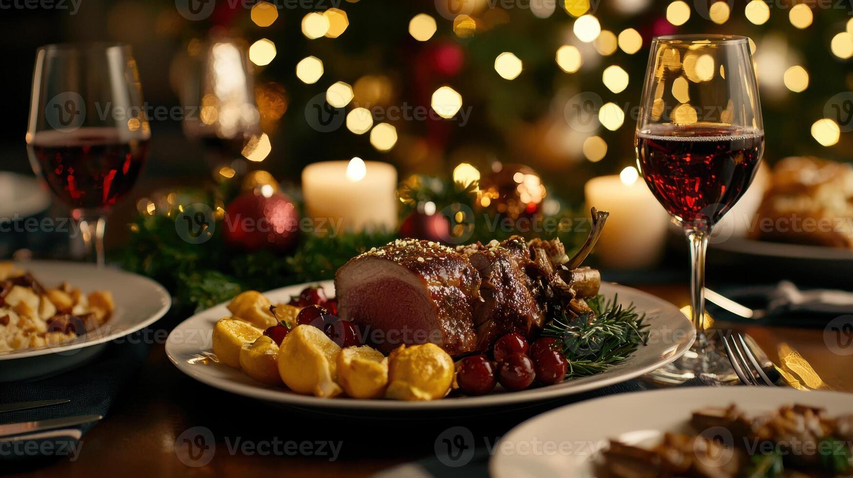 A table with a Christmas dinner and a glass of wine photo