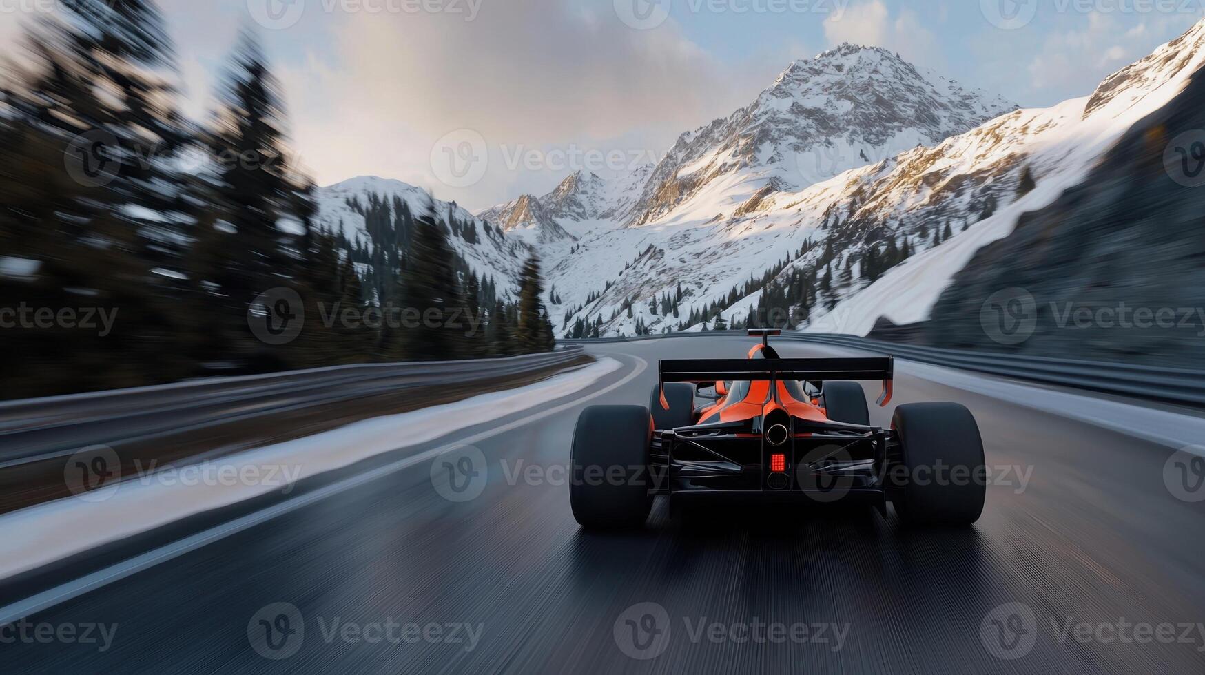 A race car is speeding down a snowy mountain road photo
