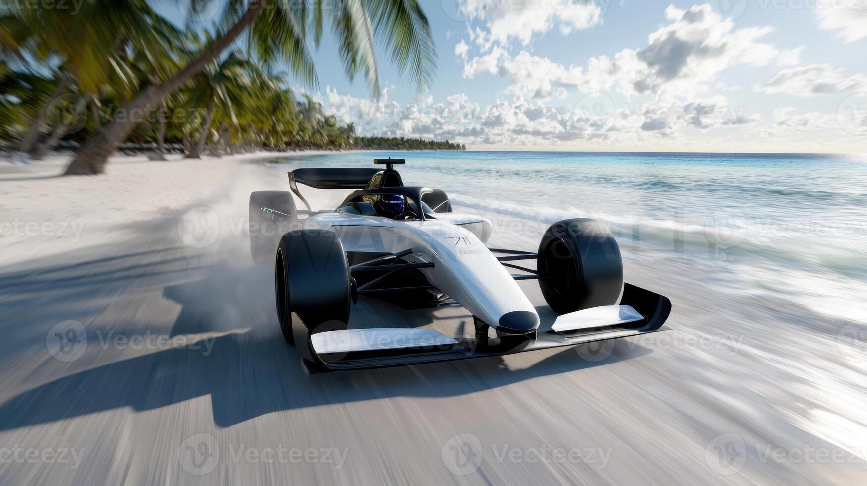A race car is speeding down a beach road photo