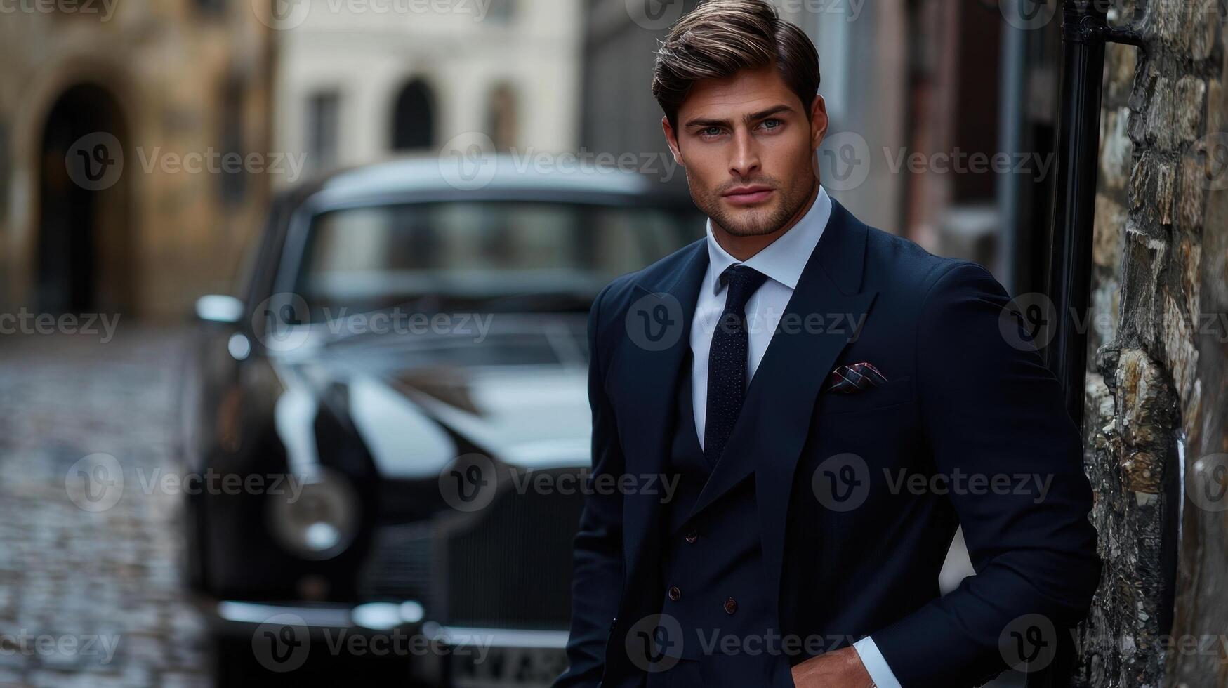 A man in a suit leaning against a car photo