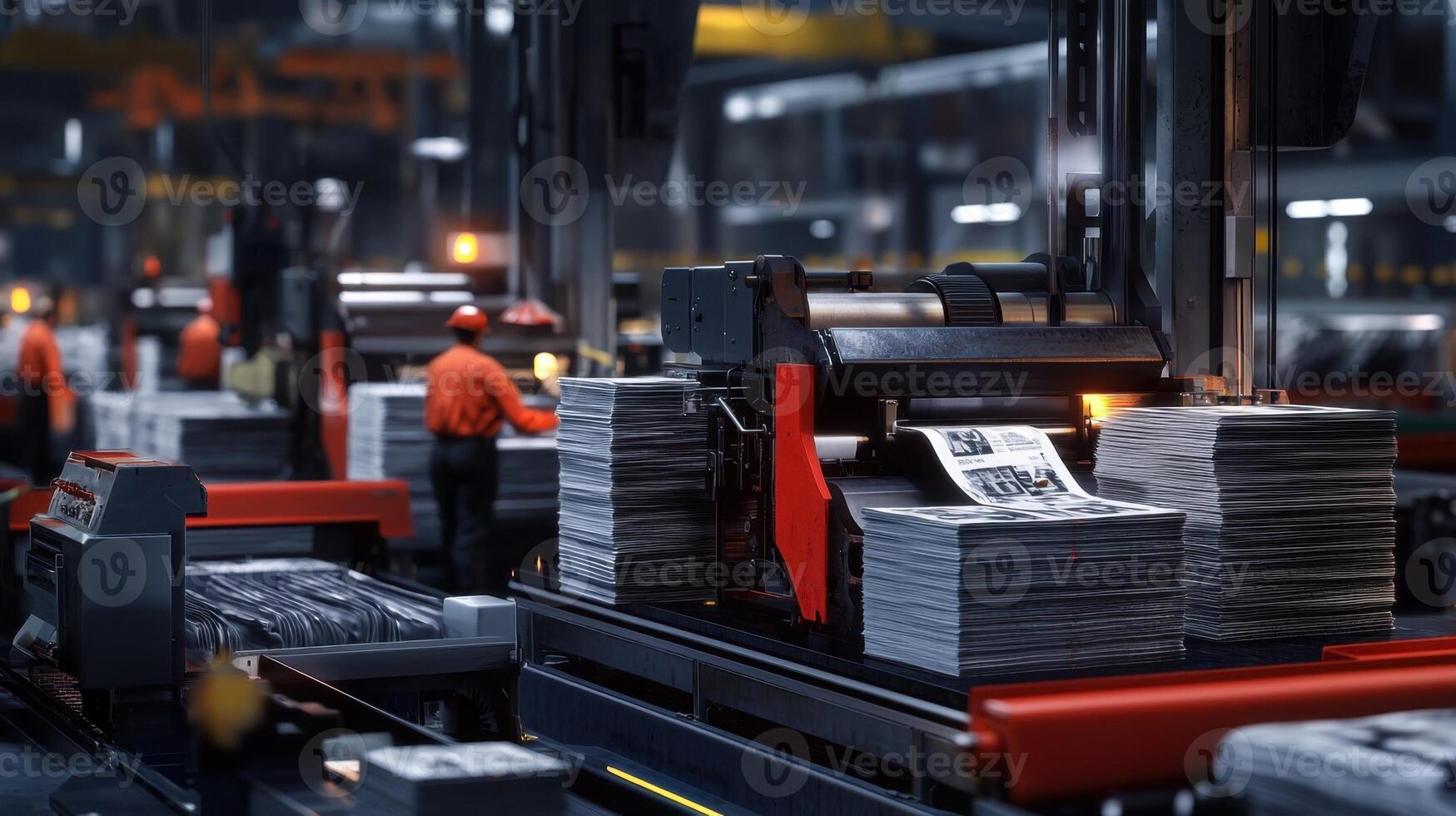A factory with workers and machines that are making newspapers photo