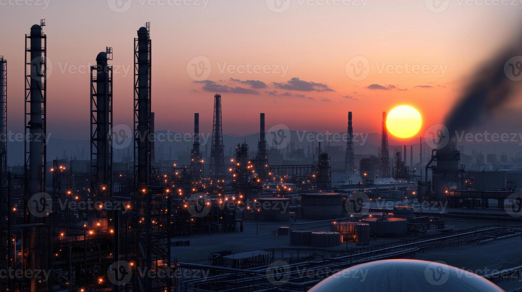 A city skyline with a large oil refinery in the background photo