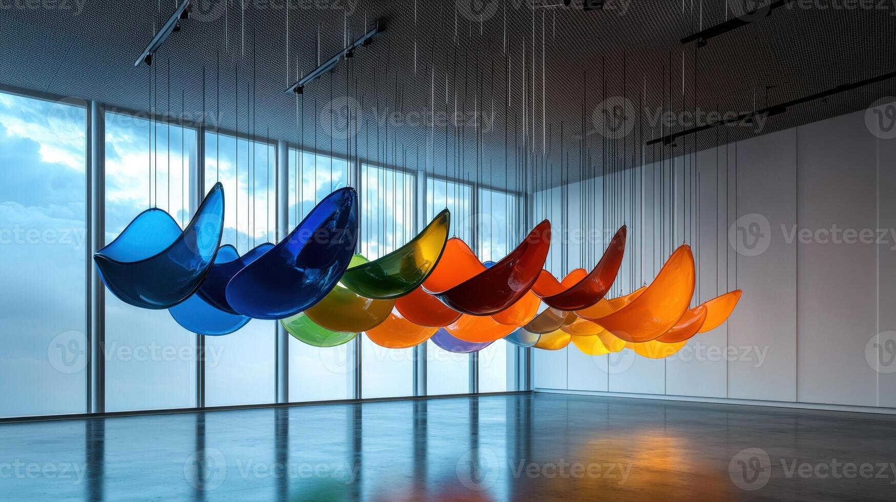 A series of colorful chairs suspended from the ceiling in a large room photo