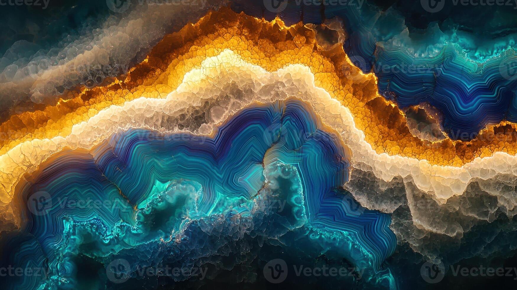 Swirling patterns of deep ocean blue and bright orange create an abstract representation of mineral textures. The interplay of colors suggests natural formations, evoking a sense of depth photo