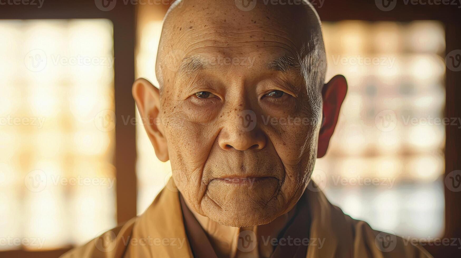 An elderly monk gazes directly at the viewer, exuding wisdom and serenity. Soft light filters through the window, illuminating his calm demeanor in a peaceful temple photo