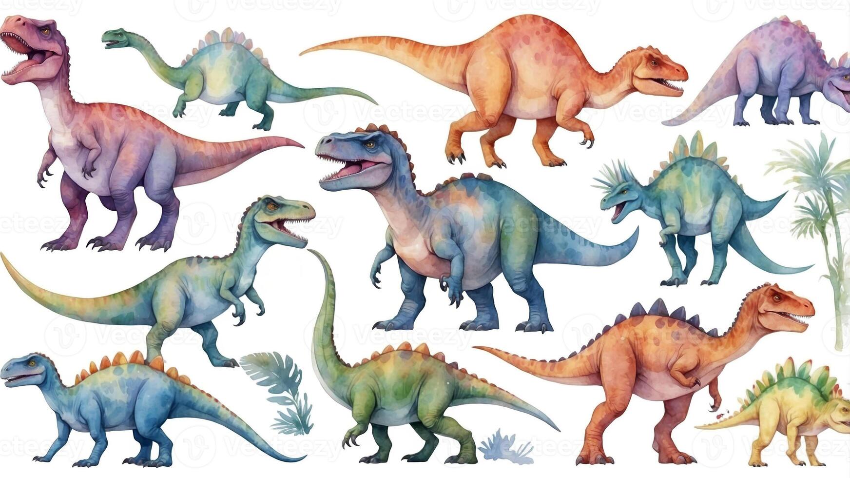 Colorful illustrations of various dinosaur species in a prehistoric setting with lush vegetation photo