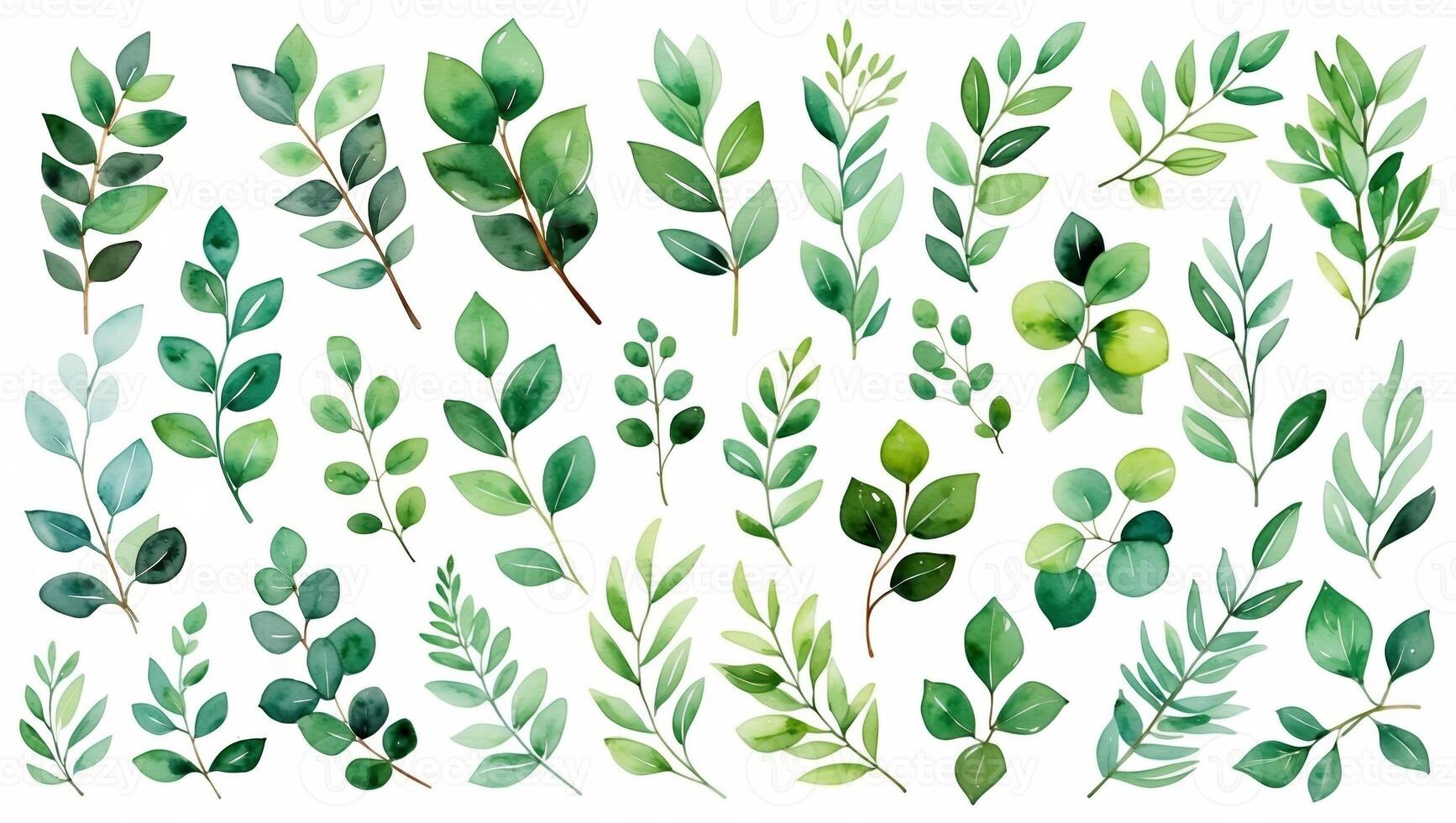Various green leaves arranged in an artistic pattern showcasing different shapes and textures of foliage photo
