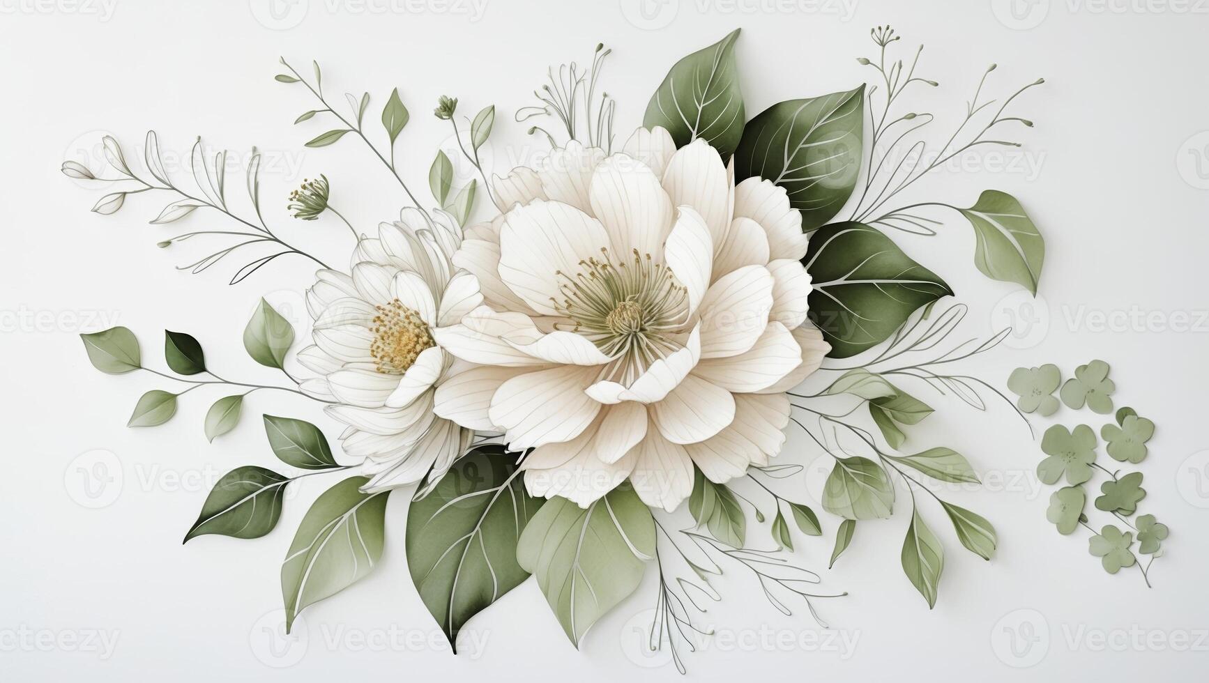 Elegant floral arrangement featuring white peonies and lush green leaves on a soft background photo