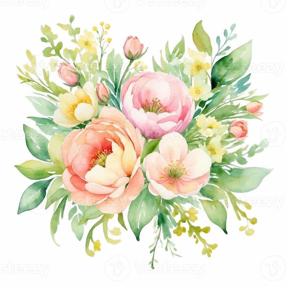 Colorful floral arrangement featuring peonies and greenery in a bright composition photo