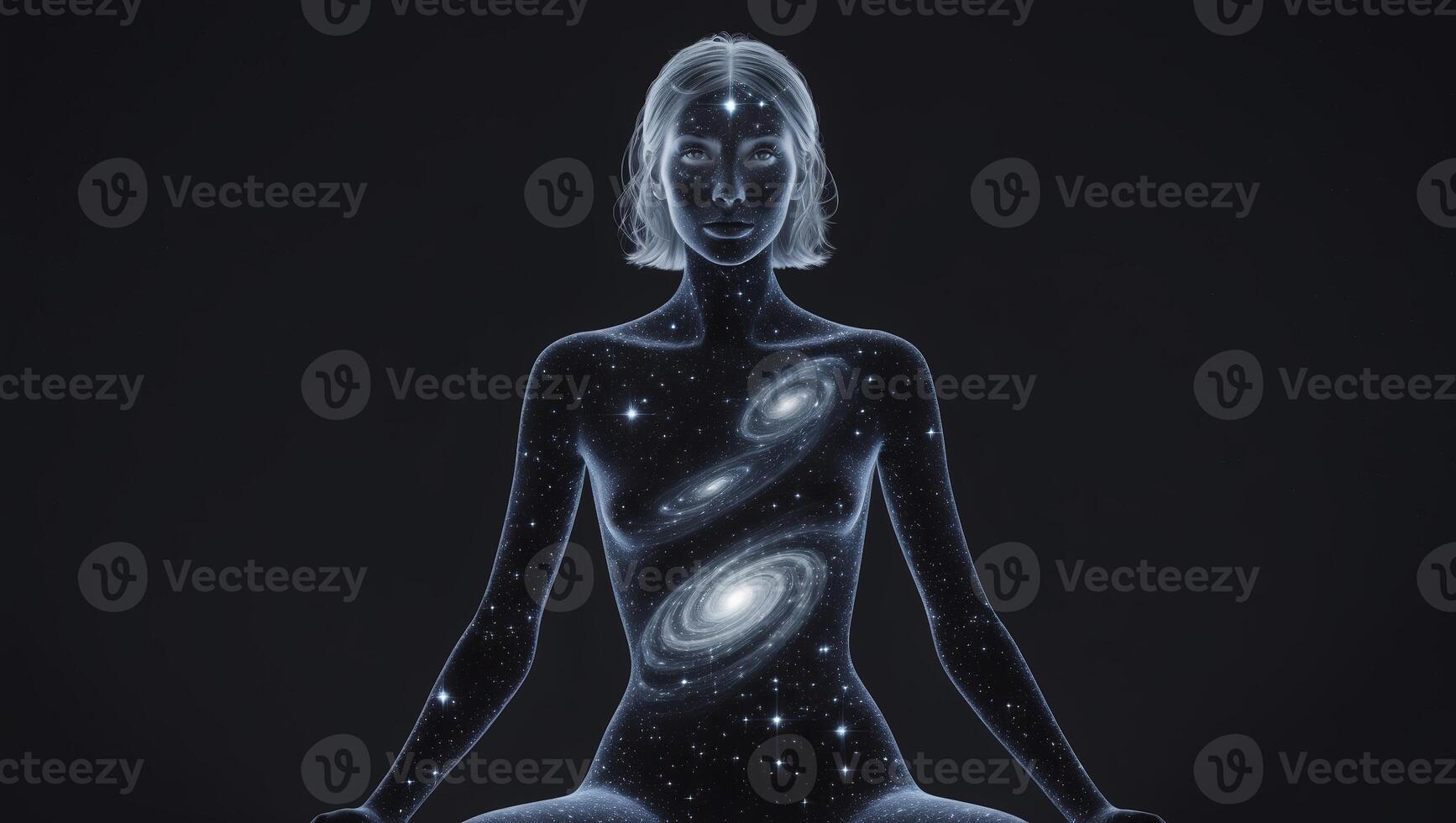 Cosmic figure meditating with galaxies and stars illuminated against a dark background photo