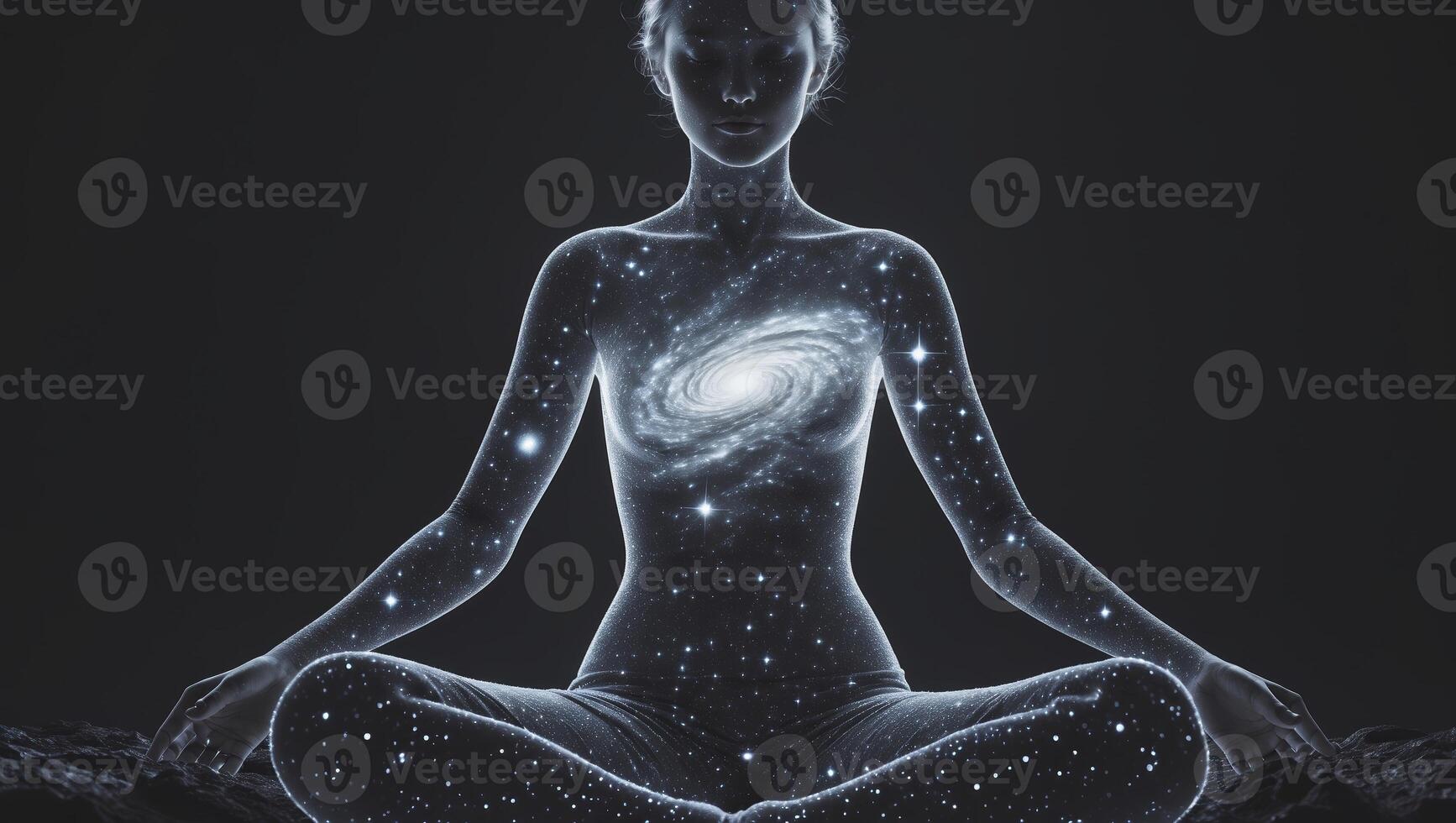 Meditating figure surrounded by cosmic elements representing the universe and inner peace in a mystical setting photo