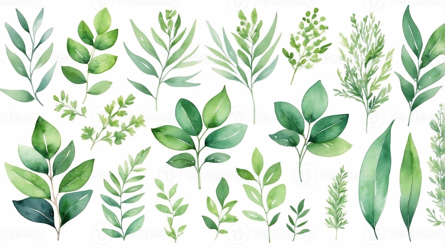 Collection of various green leaves displayed in a watercolor style showcasing natural beauty and diversity in flora photo