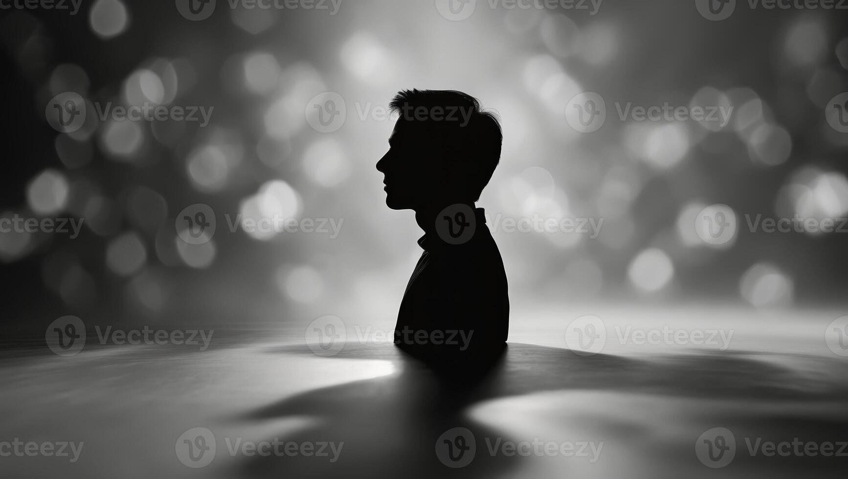 Silhouette of a person emerging from water with a dreamy background of shimmering lights at twilight photo